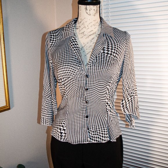 Urban Outfitters Psychedelic Wavy Hounds Tooth Collared Blouse Layering - Picture 1 of 3